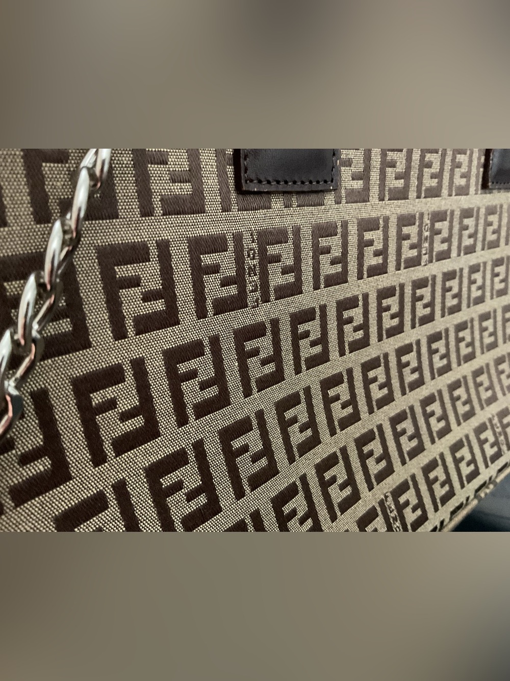 Fendi Brown FF Logo Canvas Satchel with Chain Strap - Picture 5 of 12